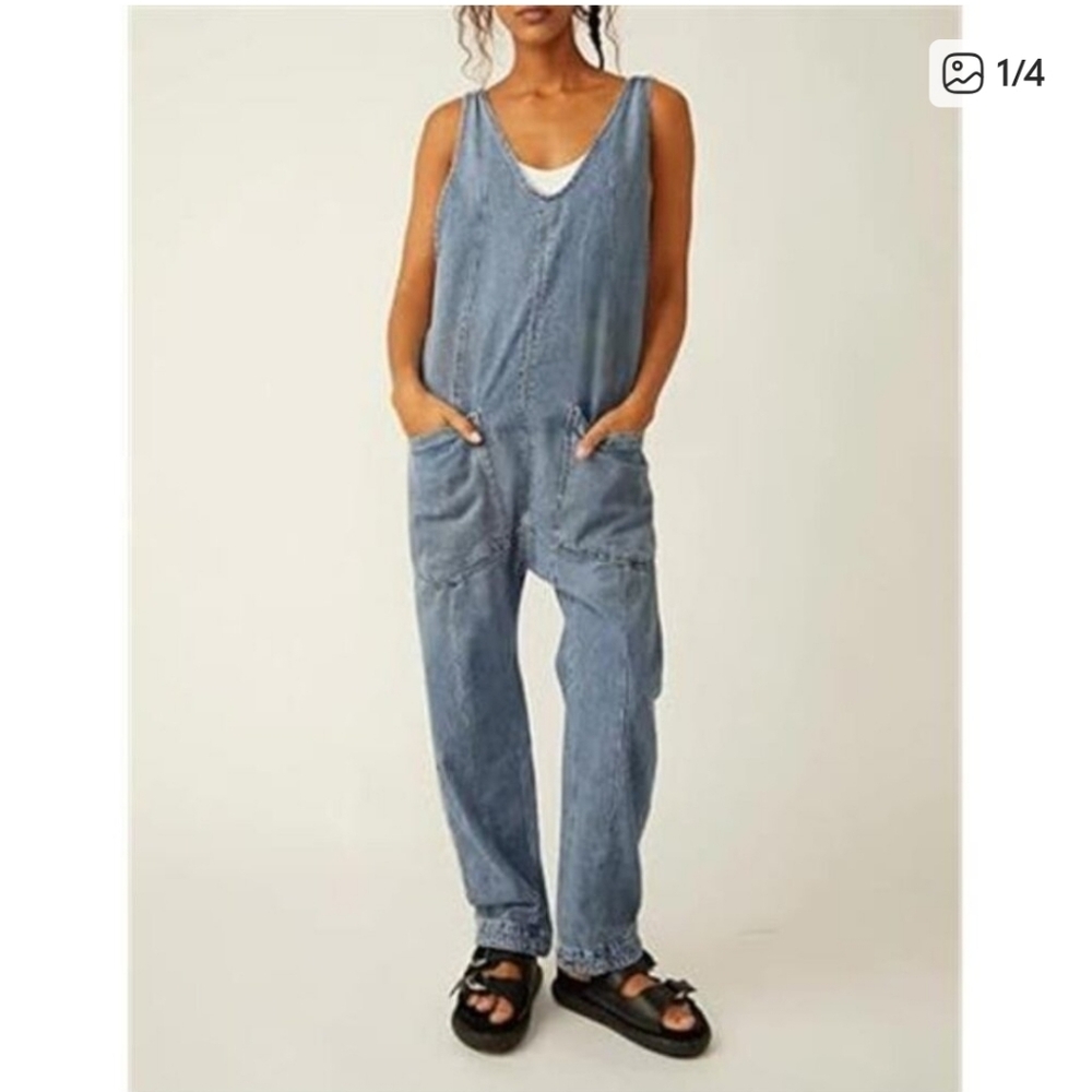 Free People Blue Denim Women Jeans Overalls